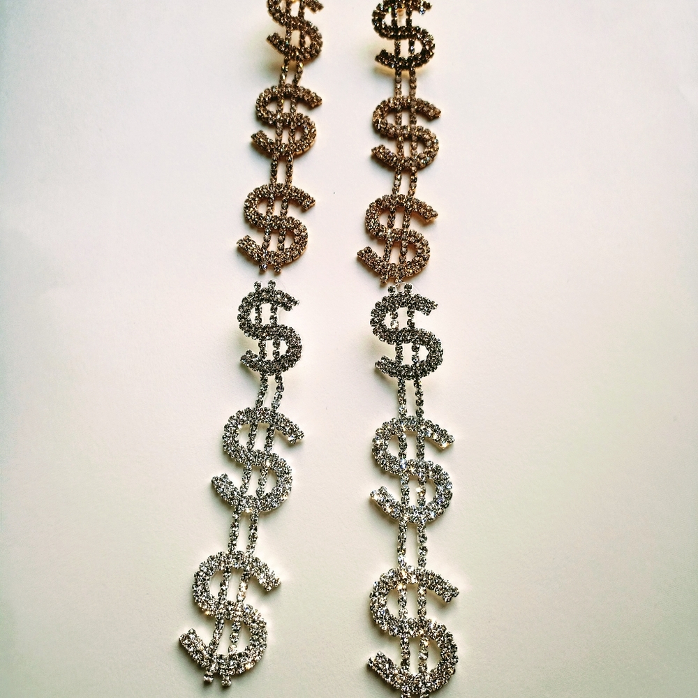 2 Pair -- 4" Gold & Silver $$$ Sign Stud Earrings